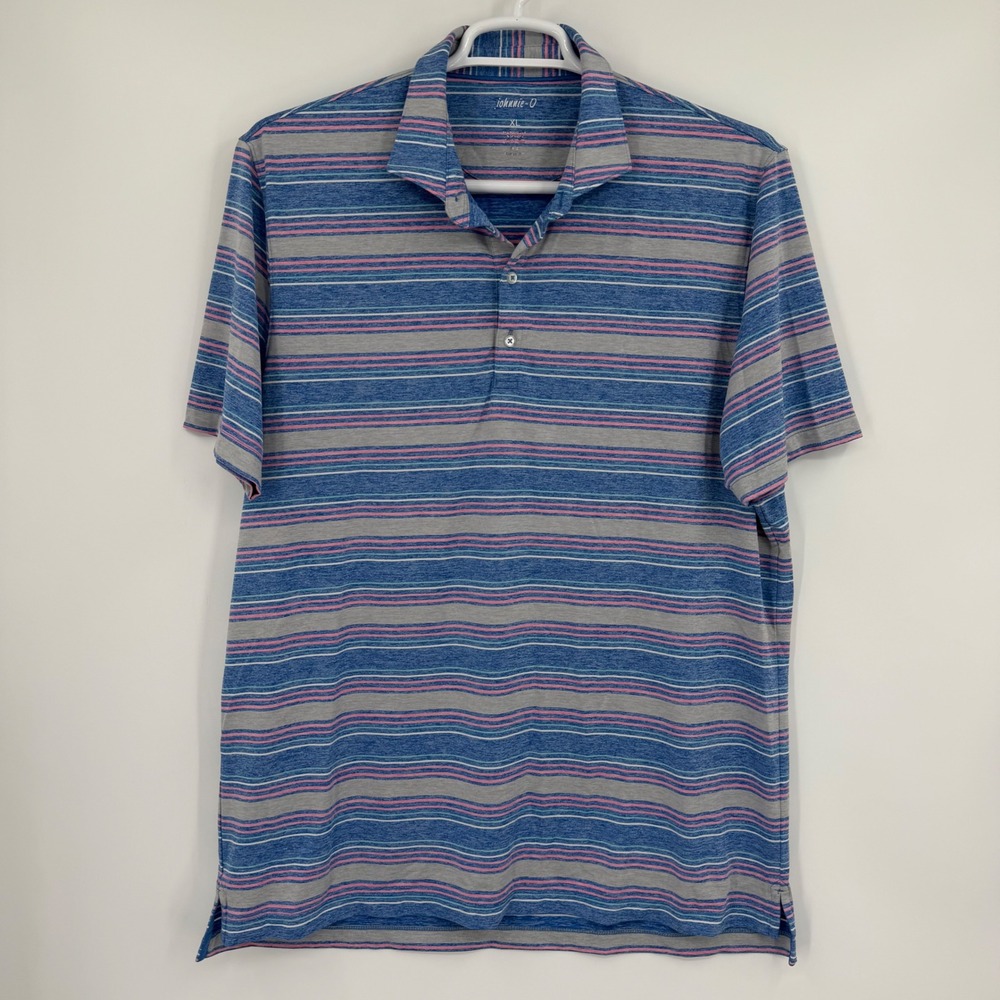 johnnie-O Phineas Polo Shirt XL Blue Pink Striped Performance Golf JMP06890